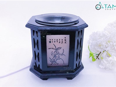 Đèn xông tinh dầu gỗ bát giác màu đen